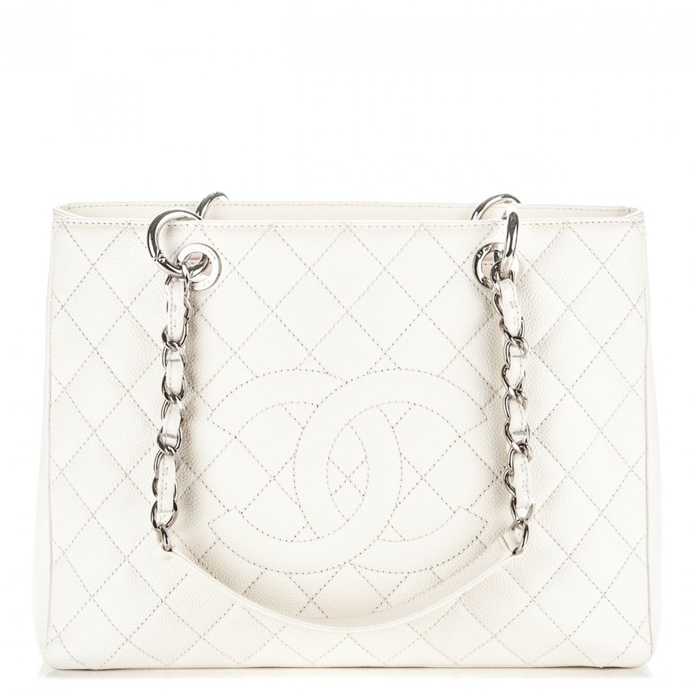 CHANEL  Caviar Quilted Grand Shopping Tote GST White